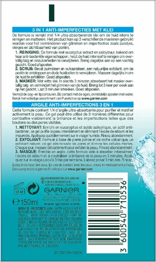 Garnier Skinactive Face PureActive 3-in-1 - 150ml - Reiniging, Scrub, Masker 2 Garnier Skinactive Face PureActive 3-in-1 - 150ml - Reiniging, Scrub, Masker - Afbeelding 2