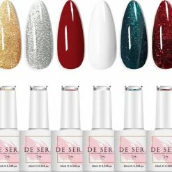 De Sera Gellak 6-delige Set - Gel Nagellak - Kerstkleuren - Kerst Glitters - Christmas