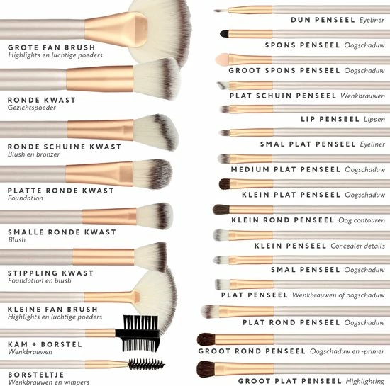 Evvie 24-delige Make-up Kwastenset - Beige/Goud - In Etui Marble 6 Evvie 24-delige Make-up Kwastenset - Beige/Goud - In Etui Marble - Afbeelding 6