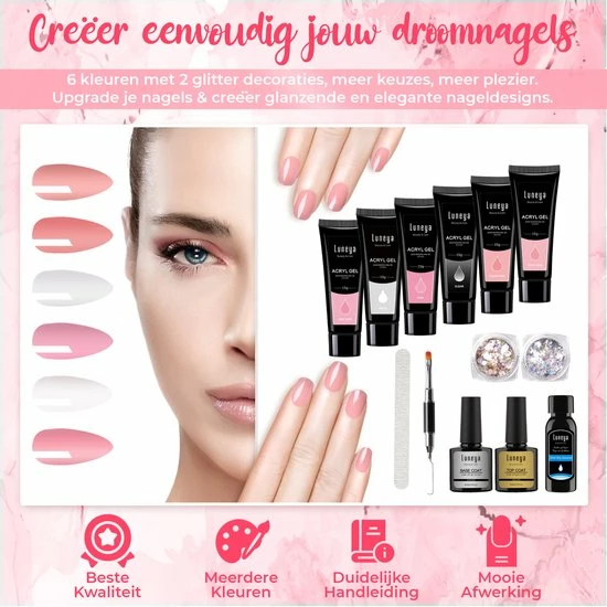 Luneya Polygel Kit - 6 Kleuren - Polygel Nagels Starterspakket - Tasje - Incl. UV LED Lamp 4 Luneya Polygel Kit - 6 Kleuren - Polygel Nagels Starterspakket - Tasje - Incl. UV LED Lamp - Afbeelding 4