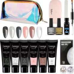 Luneya Polygel Kit - Black Pink Edition - 6 Kleuren - Polygel Nagels Starterspakket - Tasje - Incl. UV LED Lamp