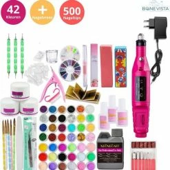 Bone Vista Acrylnagels Starterspakket | Acryl Nagels Starter Kit Set - Nail Art Pakket - 42 Kleuren Acryl Poeders/Glitters - 500 Franse Tips - Inclusief Nagelfreesmachine