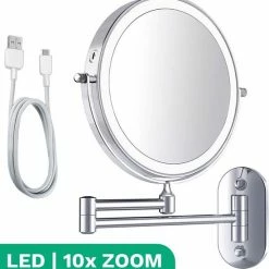 Personal Care Make Up Spiegel Met Led Verlichting - 10X Vergroting - Wandspiegel Rond - Scheerspiegel Wandmodel - Badkamer - Douche - Chroom