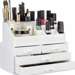 Relaxdays Make-up Organizer - Tweedelig - Cosmetica Opbergdoos - Wit