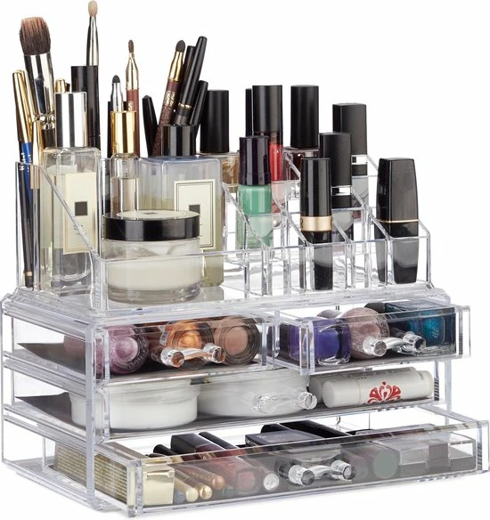 Relaxdays Make-up Organizer - Tweedelig - Cosmetica Opbergdoos - Transparant 1 Relaxdays Make-up Organizer - Tweedelig - Cosmetica Opbergdoos - Transparant