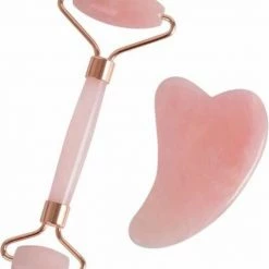 Falkann Verbeterde Jade Roller + Gua Sha Schraper - Gezichtsroller - Face Roller - Rose Quartz Roller - Inclusief Luxe Beschermdoos White