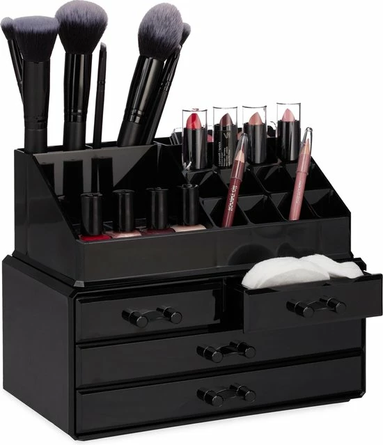 Relaxdays Make-up Organizer - Tweedelig - Cosmetica Opbergdoos + Lippenstift Houder - Zwart 1 Relaxdays Make-up Organizer - Tweedelig - Cosmetica Opbergdoos + Lippenstift Houder - Zwart